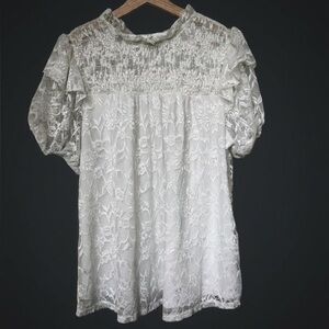 Perseption White Lace Smocked Mock Neck Blouse Size XL Romantic Cottagecore